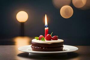 uma pequeno chocolate bolo com uma solteiro vela em topo. gerado por IA foto