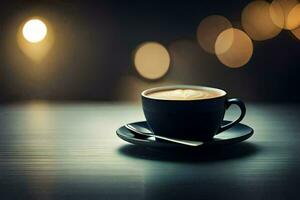 uma copo do café em uma de madeira mesa com bokeh luzes. gerado por IA foto