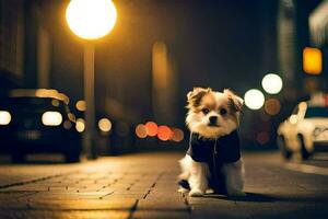 uma pequeno cachorro é em pé em a rua às noite. gerado por IA foto