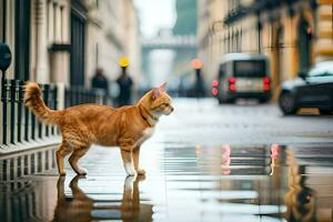 a laranja gato é caminhando em uma molhado rua. gerado por IA foto