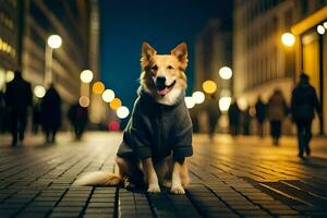 uma cachorro vestindo uma Jaqueta senta em a rua às noite. gerado por IA foto