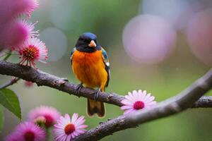 uma pássaro senta em uma ramo com Rosa flores gerado por IA foto