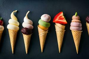 uma linha do gelo creme cones com diferente tipos do sobremesas. gerado por IA foto
