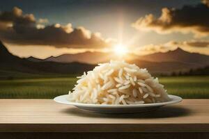 arroz dentro uma prato em uma mesa. gerado por IA foto