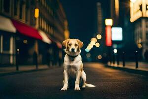 uma cachorro sentado em a rua às noite. gerado por IA foto