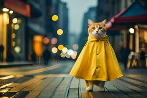 uma gato vestindo uma amarelo capa de chuva em uma rua. gerado por IA foto