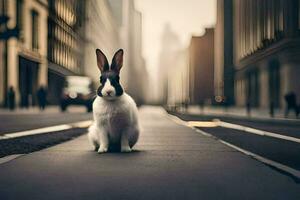 uma Coelho é sentado em a rua dentro uma cidade. gerado por IA foto