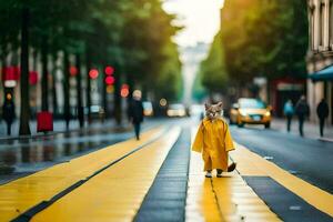 uma gato dentro uma capa de chuva caminhando baixa uma rua. gerado por IA foto