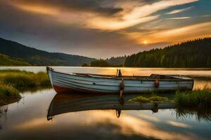 uma barco senta em a costa do uma lago às pôr do sol. gerado por IA foto