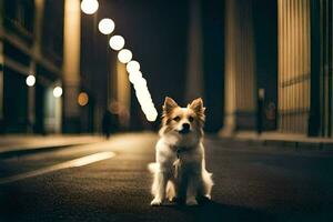 uma cachorro sentado em a rua às noite. gerado por IA foto