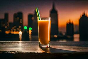 uma vidro do laranja suco com uma Palha em uma mesa dentro frente do uma cidade Horizonte. gerado por IA foto