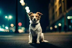 uma cachorro sentado em a rua às noite. gerado por IA foto