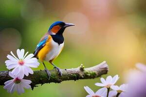 uma colorida pássaro senta em uma ramo com flores gerado por IA foto