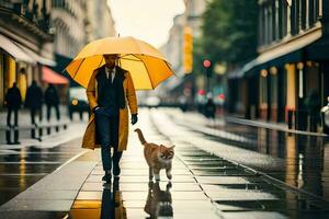 uma mulher caminhando com uma gato dentro a chuva. gerado por IA foto