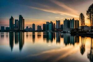 a cidade Horizonte é refletido dentro a água às pôr do sol. gerado por IA foto