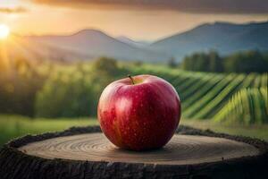 uma vermelho maçã em uma toco dentro a Sol. gerado por IA foto