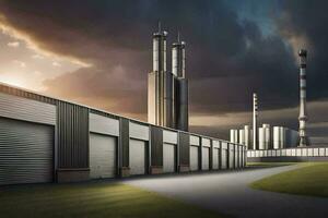 uma fábrica com uma Sombrio céu e uma ampla prédio. gerado por IA foto
