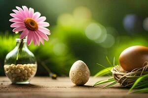 Páscoa ovo dentro uma vaso com uma flor. gerado por IA foto