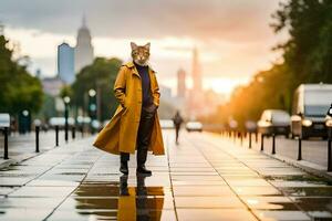 uma Raposa dentro uma amarelo casaco em pé em uma molhado rua. gerado por IA foto