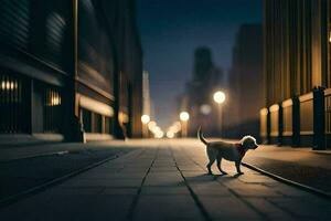 uma cachorro é caminhando baixa uma cidade rua às noite. gerado por IA foto