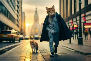 uma homem caminhando com uma gato em uma cidade rua. gerado por IA foto