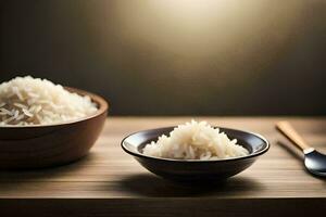 a arroz é dentro uma tigela e a colher é dentro uma de madeira tigela. gerado por IA foto