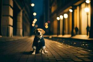 uma cachorro dentro uma terno sentado em a rua às noite. gerado por IA foto