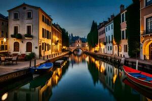 uma canal dentro Veneza às noite com barcos e edifícios. gerado por IA foto