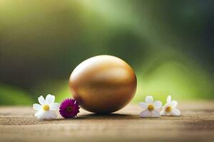dourado ovo em uma de madeira mesa com flores gerado por IA foto