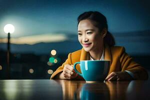 uma mulher sorrisos enquanto segurando uma copo do café. gerado por IA foto