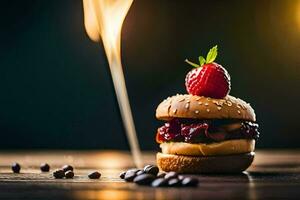 uma Hamburger com bagas e uma morango em topo. gerado por IA foto