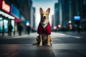 uma cachorro vestindo uma vermelho camisa sentado em a rua. gerado por IA foto