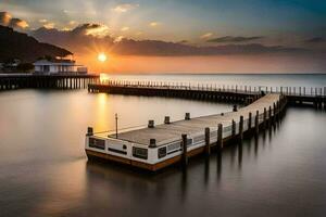 uma barco doca às pôr do sol com a Sol configuração atrás isto. gerado por IA foto