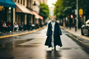 uma Raposa dentro uma casaco caminhando baixa uma rua. gerado por IA foto