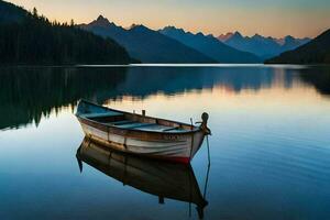 uma barco senta em a calma águas do uma lago. gerado por IA foto