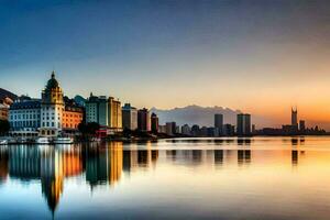 a cidade Horizonte é refletido dentro a água às pôr do sol. gerado por IA foto