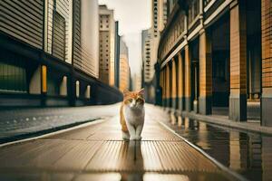 uma gato caminhando em uma molhado rua dentro uma cidade. gerado por IA foto