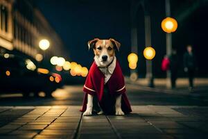 uma cachorro vestido dentro uma vermelho casaco senta em a rua às noite. gerado por IA foto