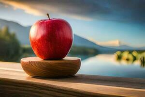 a maçã em uma de madeira ficar de pé dentro frente do uma lago. gerado por IA foto