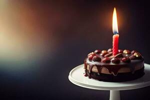 uma chocolate aniversário bolo com uma solteiro vela. gerado por IA foto