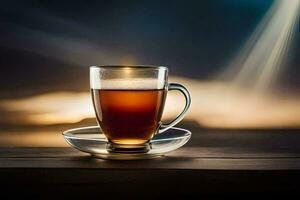 uma copo do chá em uma de madeira mesa com uma Sol brilhando através a janela. gerado por IA foto
