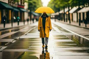 uma pessoa caminhando baixa uma rua com a guarda-chuva. gerado por IA foto