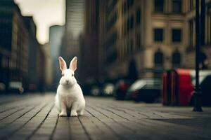 uma branco Coelho é em pé em uma rua dentro uma cidade. gerado por IA foto