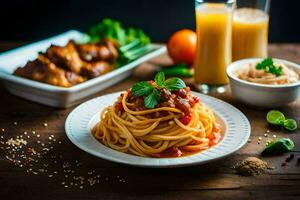 espaguete com tomate molho e carne em uma placa. gerado por IA foto