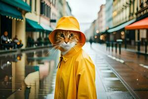 uma gato dentro uma amarelo capa de chuva em pé em uma molhado rua. gerado por IA foto