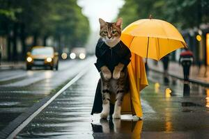 uma gato dentro uma capa de chuva e guarda-chuva caminhando baixa uma rua. gerado por IA foto