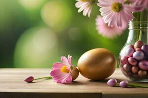 a Páscoa ovo e flores estão em uma mesa. gerado por IA foto