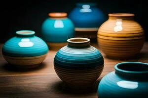 uma grupo do colorida vasos sentado em uma mesa. gerado por IA foto