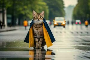 uma gato vestindo uma capa de chuva em uma chuvoso dia. gerado por IA foto