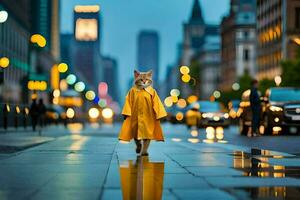 uma gato dentro uma capa de chuva caminhando baixa uma cidade rua. gerado por IA foto